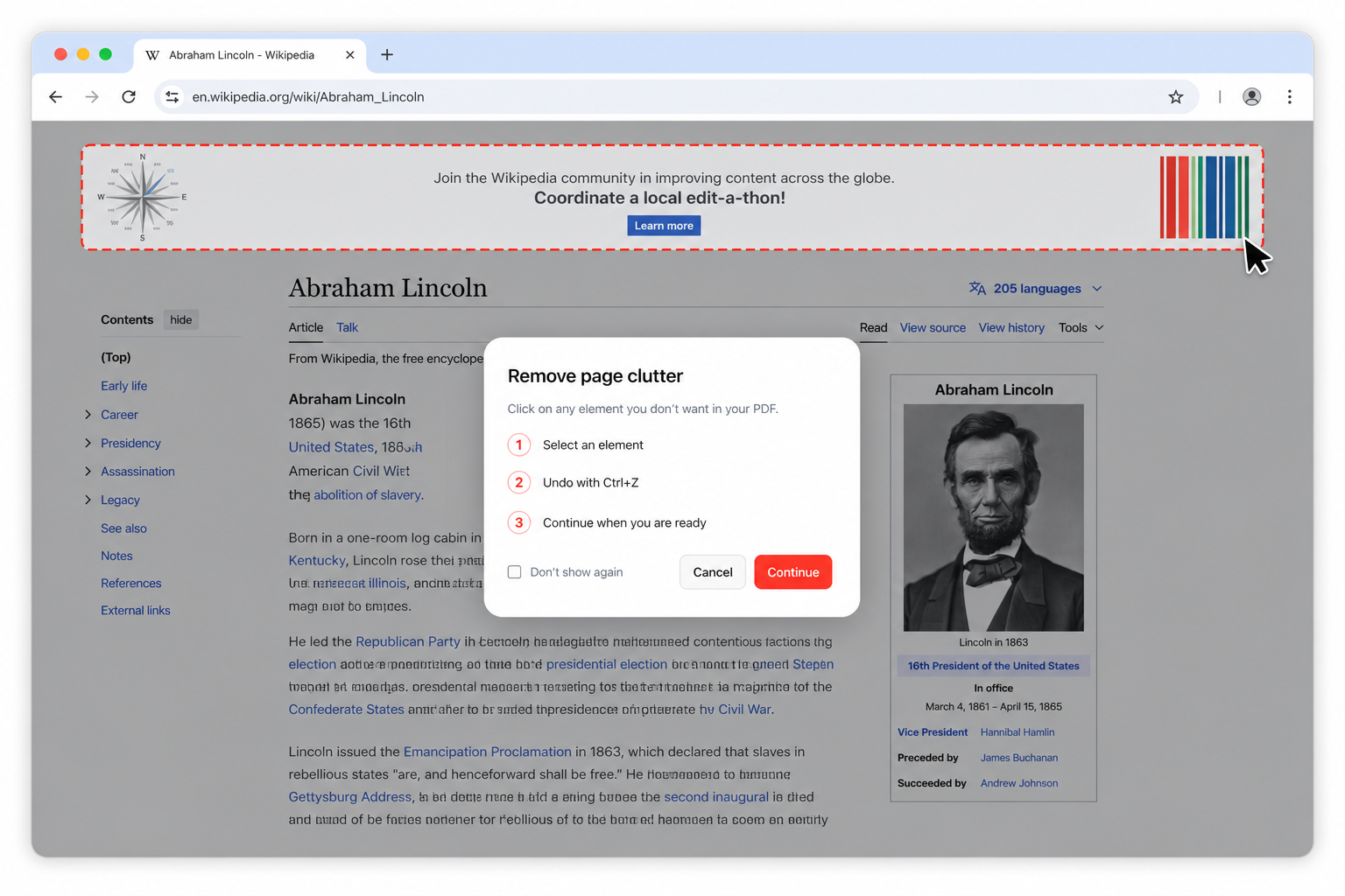 Cleanup mode highlighting a sidebar element before converting the web page to PDF