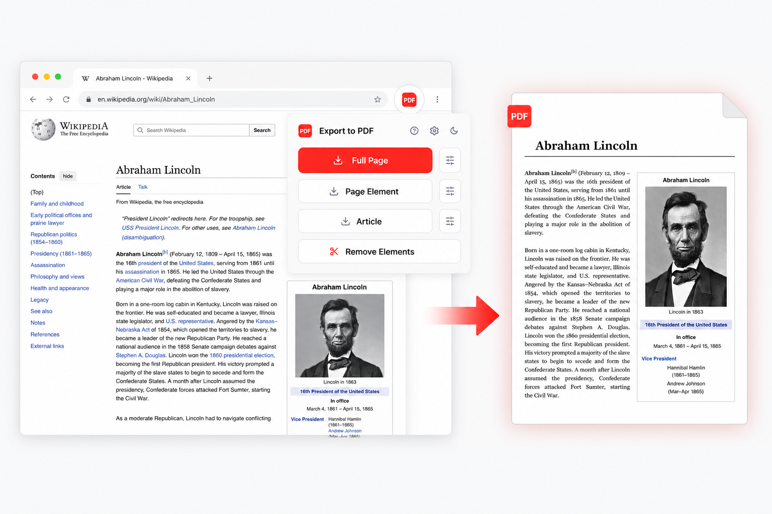 The Page to PDF extension popup next to a web page being converted to a vector PDF