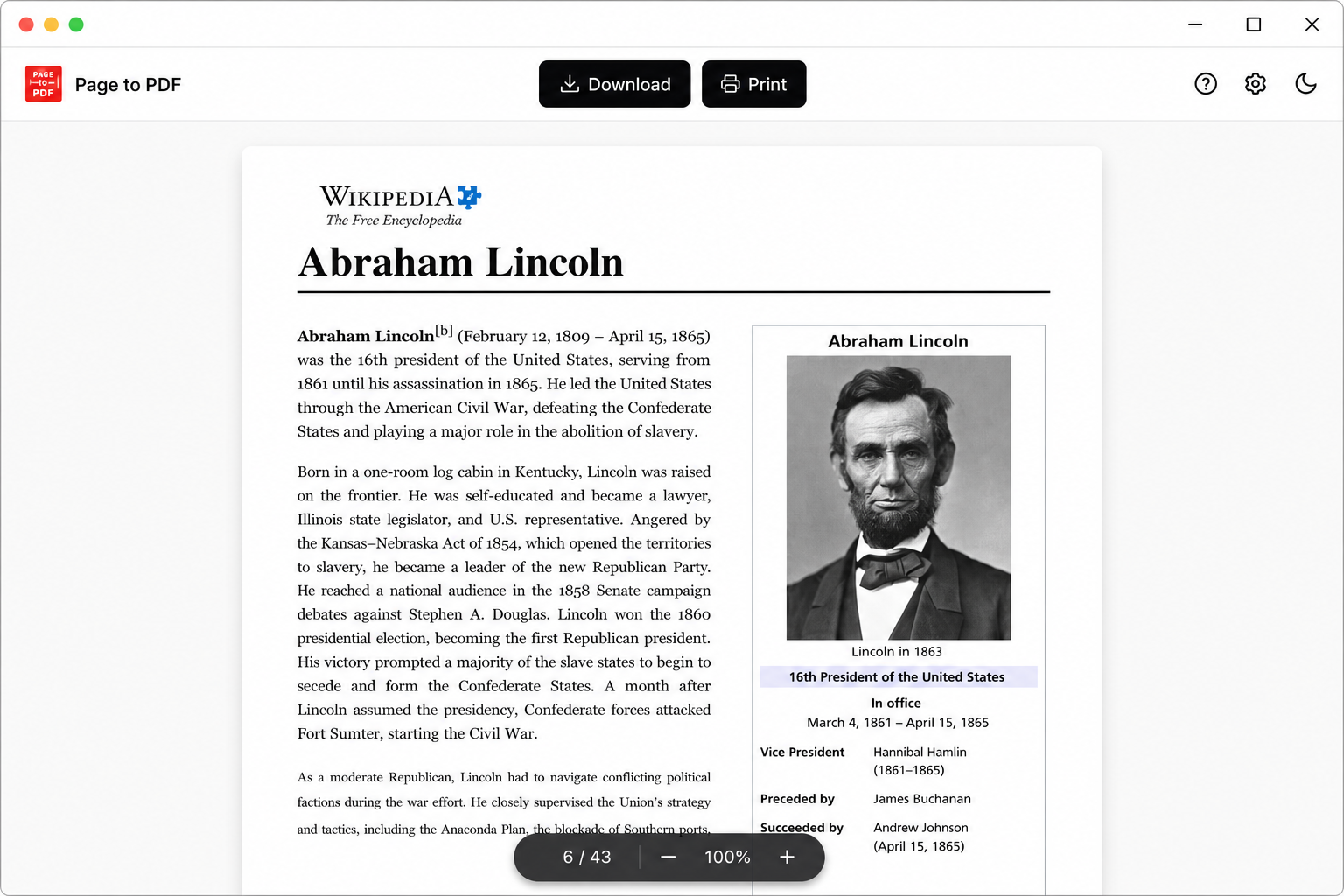 The built-in viewer previewing a converted web page PDF with zoom and download controls